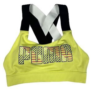 Puma Sports Bra Feel It‎ Bra Mid Impact Strappy Back Women's Small Neon Yellow